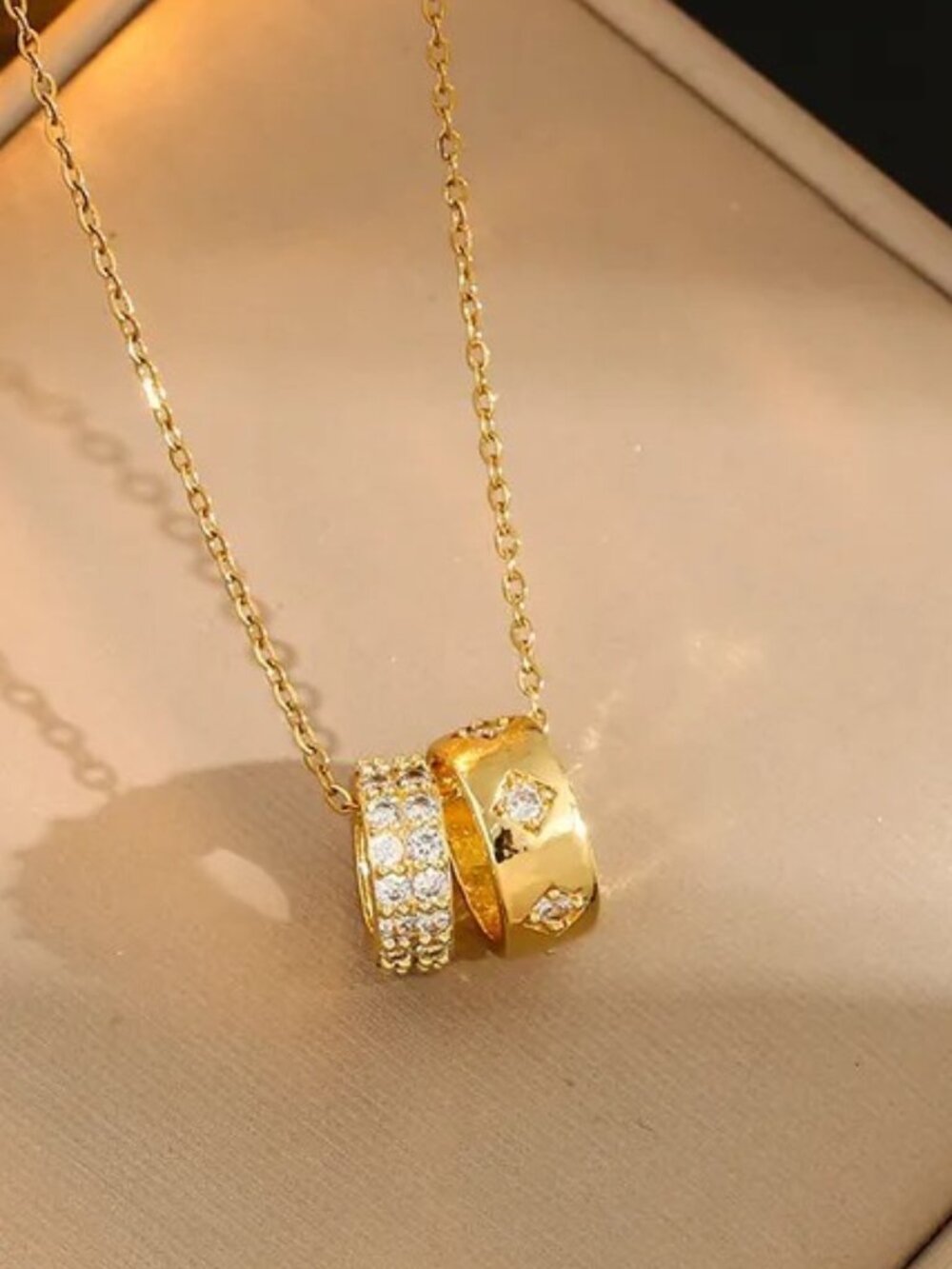 Double Hoop Pendant Necklace – 18k Gold Plated Stainless Steel Zircon Details